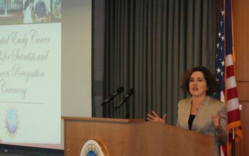 NSF Director France Cordova addresses 2014 PECASE awardees at a gathering at NSF.